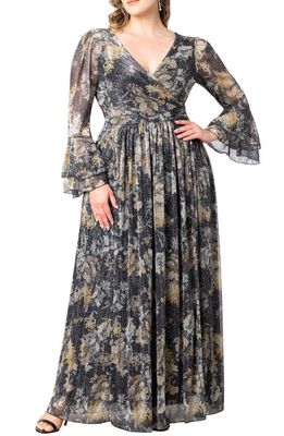 Kiyonna Gilded Glamour Long Sleeve Faux Wrap Gown in Gilded Florals