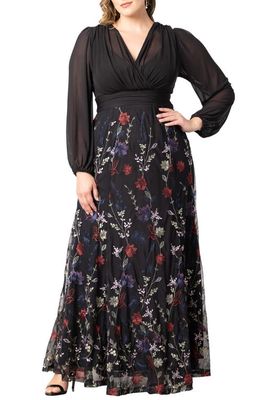 Kiyonna Isabella Embroidered Long Sleeve Gown in Enchanted Garden