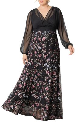 Kiyonna Isabella Embroidered Long Sleeve Gown in Moonlit Garden