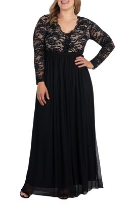 Kiyonna Jasmine Lace Bodice Long Sleeve Maxi Dress in Onyx