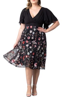 Kiyonna Lillian Embroidered Flutter Sleeve Cocktail Dress in Bordeaux Blooms