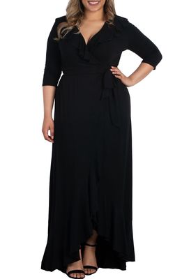 Kiyonna Maritime Ruffle Wrap Maxi Dress in Black Noir