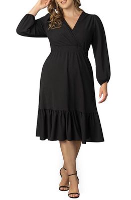 Kiyonna Pprtia Long Sleeve Midi Faux Wrap Cocktail Dress in Black Noir