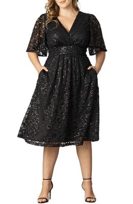 Kiyonna Starry Sequin Lace Fit & Flare Cocktail Dress in Onyx