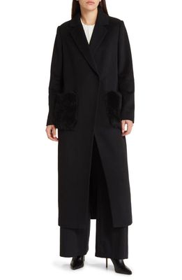 KOBI HALPERIN Channing Genuine Shearling Trim Wool Blend Coat in Black