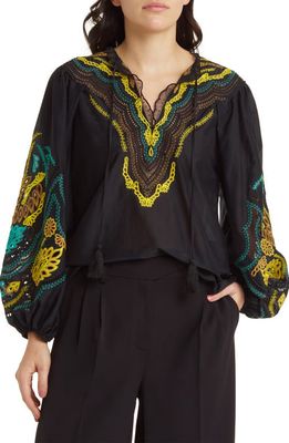KOBI HALPERIN Embroidered Cotton & Silk Peasant Top in Black