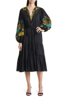 KOBI HALPERIN Embroidered Long Sleeve Tiered Cotton & Silk Dress in Black
