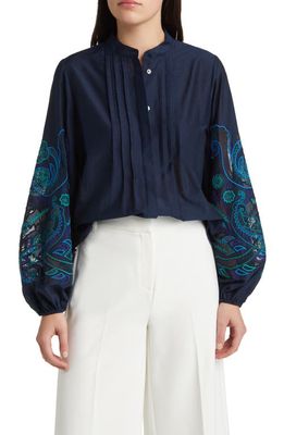 KOBI HALPERIN Embroidered Silk Organza Shirt in Midnight Blue