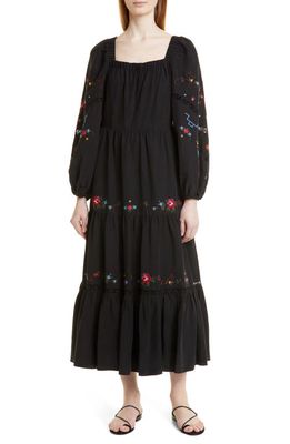 KOBI HALPERIN Emmy Floral Tiered Hem Long Sleeve Tencel Lyocell & Linen Dress in Black