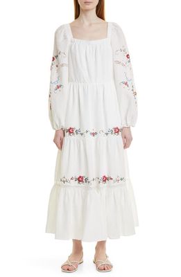 KOBI HALPERIN Emmy Floral Tiered Hem Long Sleeve Tencel Lyocell & Linen Dress in White