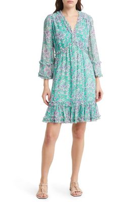 KOBI HALPERIN Everly Floral Long Sleeve A-Line Dress in Mauve Multi/Teal