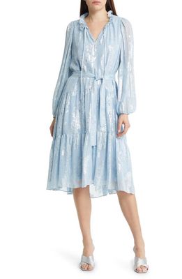 KOBI HALPERIN Kathryn Metallic Jacquard Long Sleeve Silk Blend Dress in Sky Mist/Silver