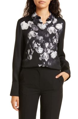 KOBI HALPERIN Michaela Floral Print Stretch Silk Shirt in Black Multi