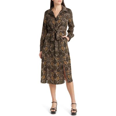 KOBI HALPERIN Snakeskin Print Front Tie Long Sleeve Shirtdress in Natural Multi