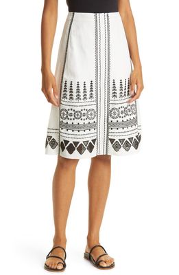 KOBI HALPERIN Tessia Embroidered Tencel® lyocell & Linen A-Line Skirt in White/Black