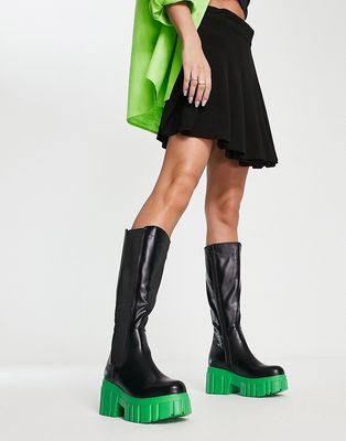 Koi Footwear knee boots with contrast sole in black and green