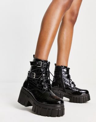 Koi Footwear lace up buckle heeled boots in black