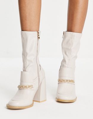 Koi Footwear Piper slim block heel loafer boots in cream-White