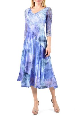 Komarov Abstract Print Charmeuse & Lace Cocktail Midi Dress in Leaf Flow