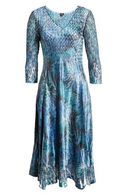 Komarov Abstract Print Charmeuse & Lace Cocktail Midi Dress in Teal Safari