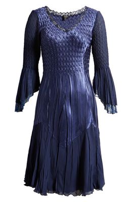 Komarov Amna Bell Sleeve Chiffon & Lace A-Line Dress in Midnight Navy