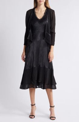 Komarov Charmeuse & Chiffon Cocktail Midi Dress & Jacket Set in Black 