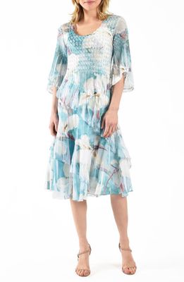 Komarov Charmeuse & Chiffon Tiered Dress in Iris Watercolor 