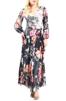Komarov Floral Belted Long Sleeve Charmeuse Maxi Dress in Floral Dream