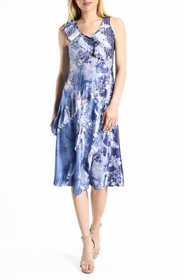 Komarov Floral Charmeuse & Chiffon Dress in Indigo Paisley 