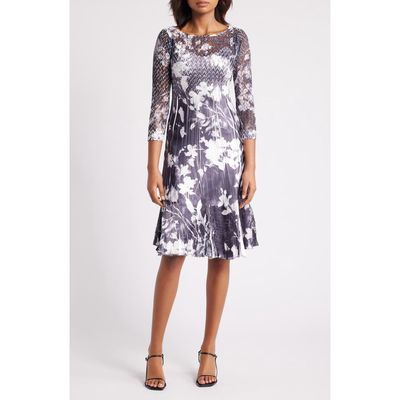 Komarov Floral Chiffon & Charmeuse Cocktail Dress in Ink Vine 