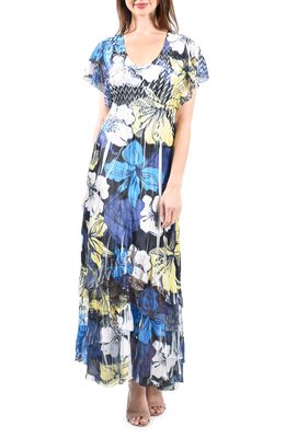 Komarov Floral Flutter Sleeve Charmeuse & Chiffon Dress in Wonderland