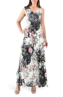 Komarov Floral Ruffle Sleeveless Chiffon & Charmeuse Gown in Daisy Vine