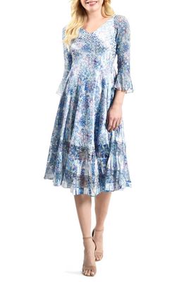 Komarov Floral V-Neck Charmeuse Midi Dress in Blue Lily Pads