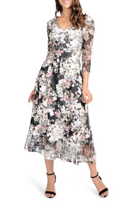 Komarov Lace Sleeve Charmeuse Midi Dress in Blooming Vine