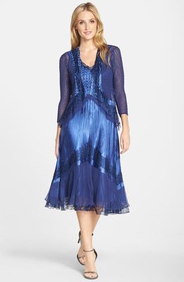 Komarov Lace Trim Charmeuse & Chiffon Dress with Jacket in Navy 