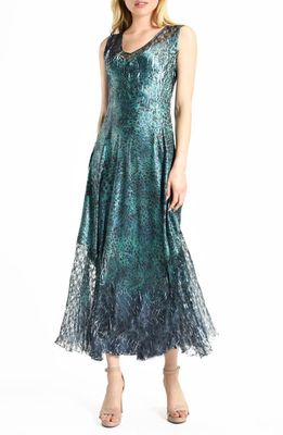 Komarov Lace-Up Back Charmeuse Dress in Teal Leopard Fade