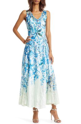 Komarov Lace-Up Charmeuse & Lace Maxi Dress in Blue Ivy