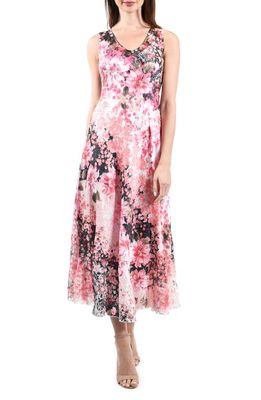 Komarov Lace-Up Charmeuse & Lace Maxi Dress in Coral Sunrise