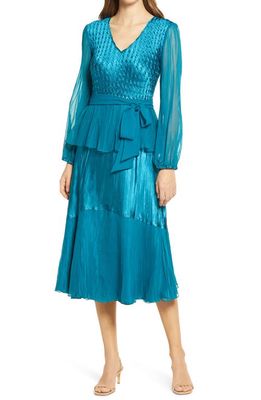 Komarov Long Sleeve Charmeuse & Chiffon A-Line Dress in Peacock