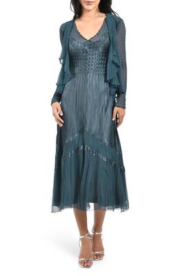 Komarov Ruffle Charmeuse & Chiffon Cocktail Dress with Jacket in Moraccan Blue