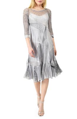Komarov Three-Quarter Sleeve Charmeuse & Lace Dress in Graphic Diamond