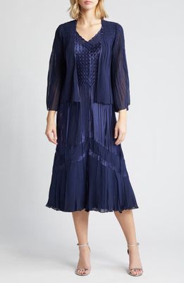 Komarov Tiered Charmeuse & Chiffon Dress & Jacket in Midnight Navy 