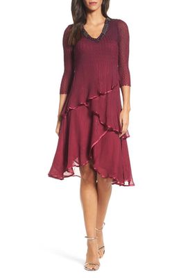 Komarov Tiered Ombré Charmeuse & Chiffon Dress in Red Plum Blue Ombre
