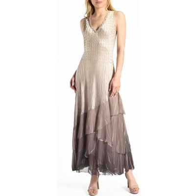 Komarov Tiered Ruffle Chiffon & Charmeuse Gown in Beach Cafe Ombre 