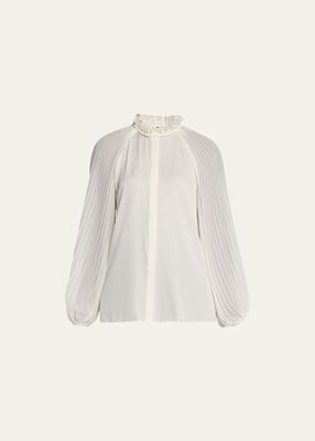Kosme Pleated-Sleeve Ruffle-Trim Blouse