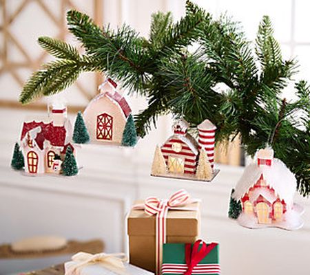 Kringle Express Set of 4 Red & White Paper House Ornaments