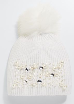 Krystal Knit Embellished Beanie w/ Pompom