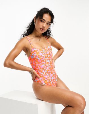 Kulani Kinis x Hannah Meloche & Ava Jules adjustable strap swimsuit in orange ditsy floral print