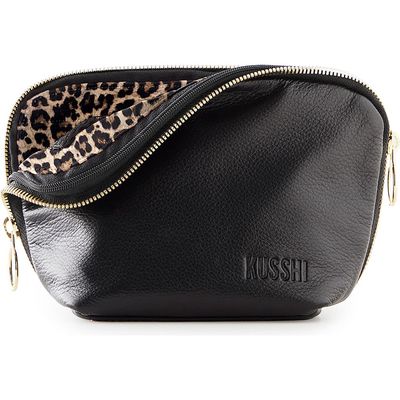 KUSSHI Everyday Leather Makeup Bag in Black/Leopard Leather 