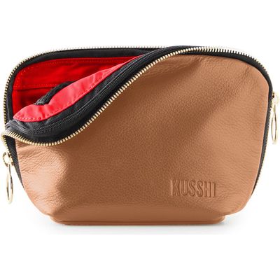 KUSSHI Everyday Leather Makeup Bag in Camel/Red Leather 